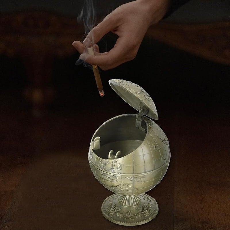 صينية سجائر كرة أرضية معدنية قديمة مقاومة للرياح مع غطاء دلو تخزين سطح المكتب - Image 3